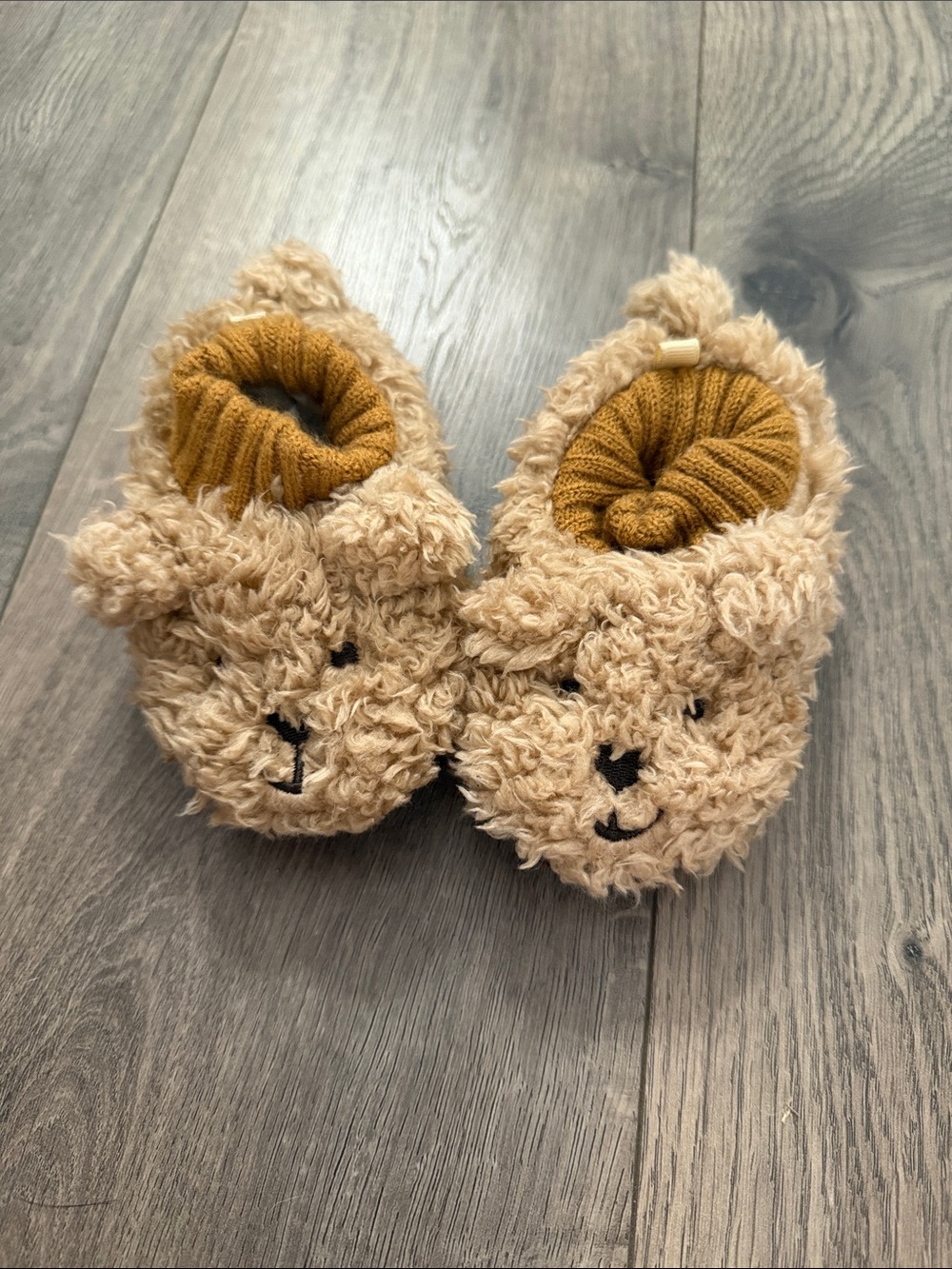 Plush Baby Gap Bear Baby Slippers - Tan with Mustard Cuff